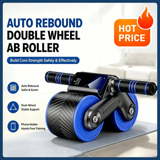 Auto Rebound Double Wheel Ab Roller With Phone Holder Non-Slip Abdominal Core Workout Equipment for Fitness Beginner